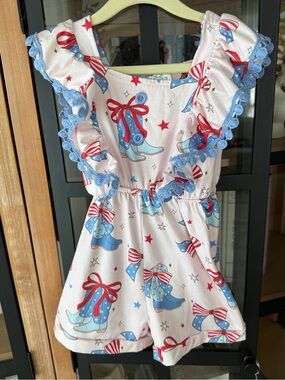 Shea Baby romper cowgirl boots bows ruffle america 4th of July stars stripes